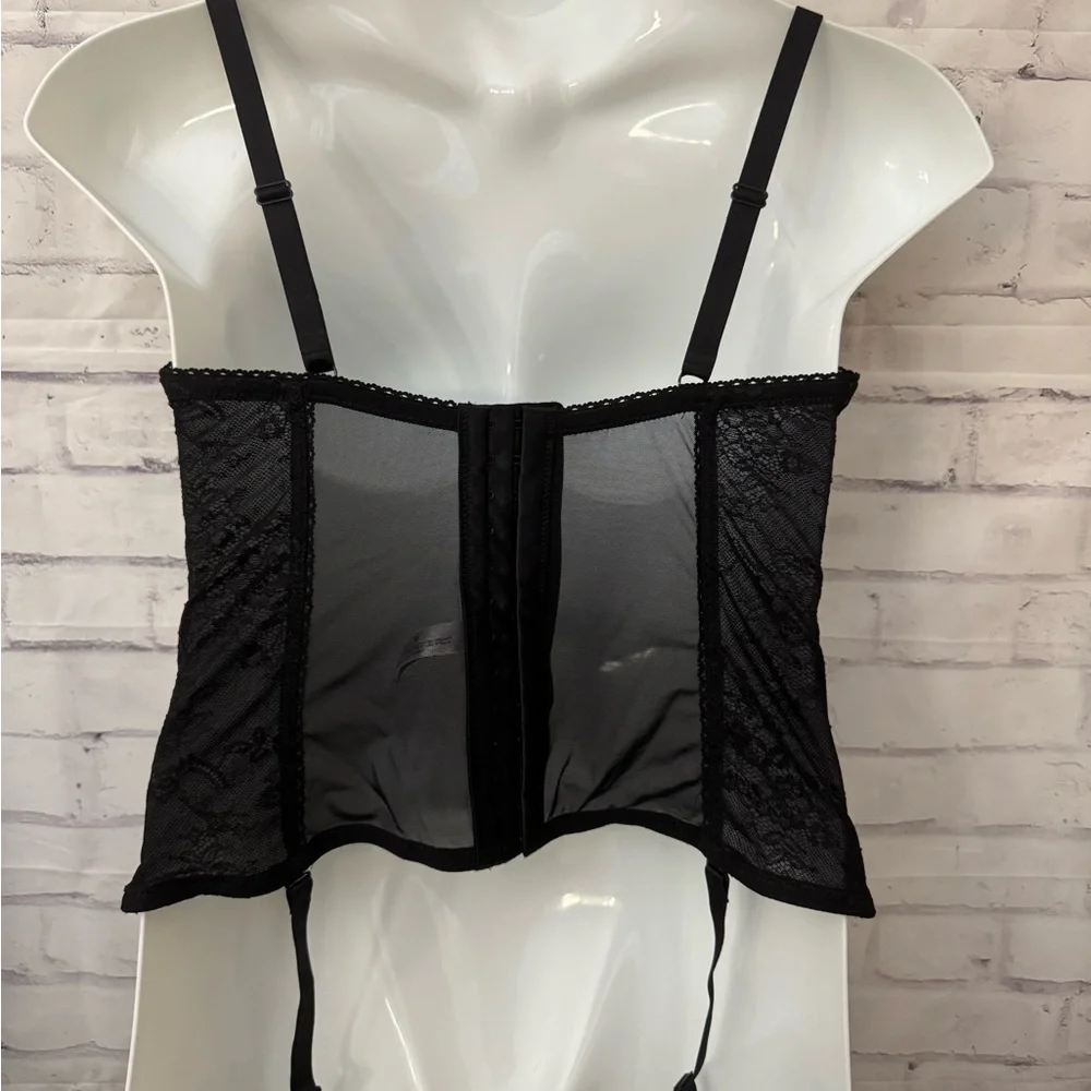 Adore Me Size 38DDD Bustier Lace Up Neglige Garters Black‎ Sexy Boudoir New